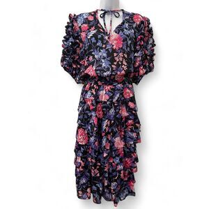 JANAN Studio for Neiman Marcus Floral Print, Ruffle Sleeve, Tiered Dress, Small